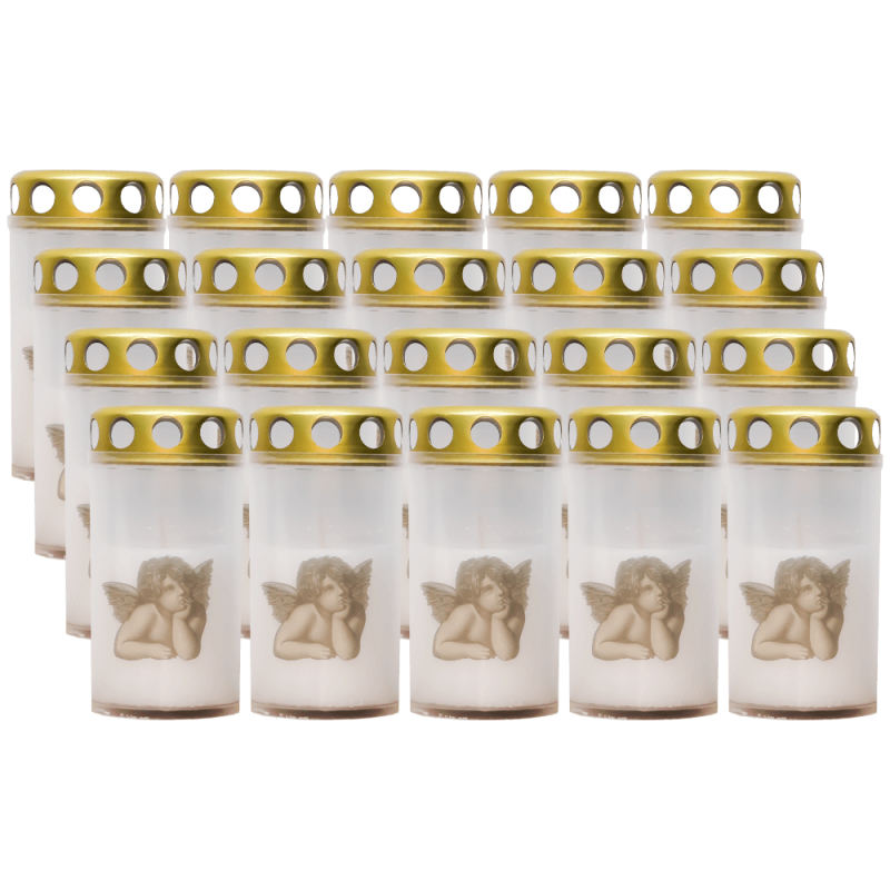 Set 20 candele albe 25 ore cu capac metalic pentru cimitir model ingeras 100 g Zniczplast